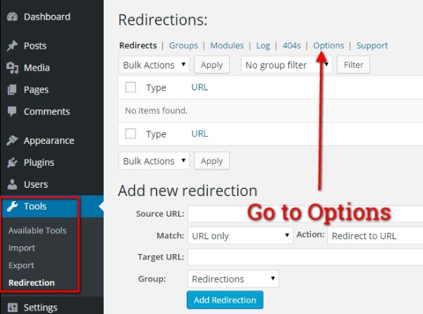 Go to Redirection Plugin Options Page